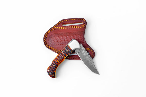 Stag Horn Style Damascus Folding Knife with Leather Sheath