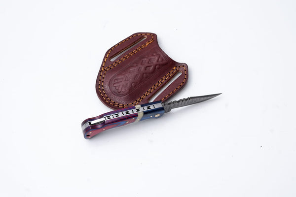 Patriot Series Damascus Folding Knife – Red & Blue Handle with Leather Sheath