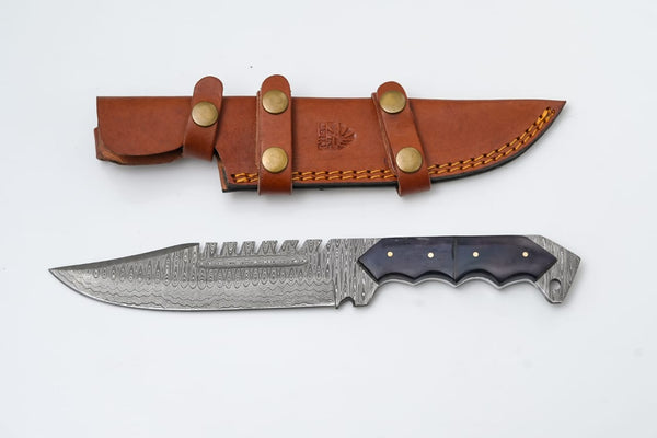 Damascus Fixed Blade Titan Predator- with serrated back/ Black Resin scales TD-236