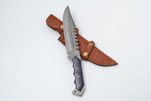Damascus Fixed Blade Titan Predator- with serrated back/ Black Resin scales TD-236