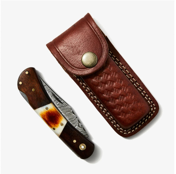 Walnut & Torched Bone Damascus Pocket Knife