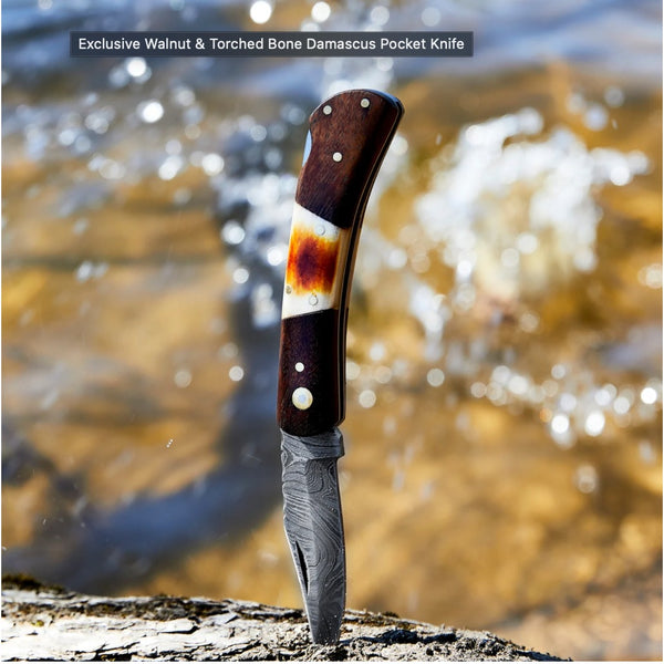Walnut & Torched Bone Damascus Pocket Knife