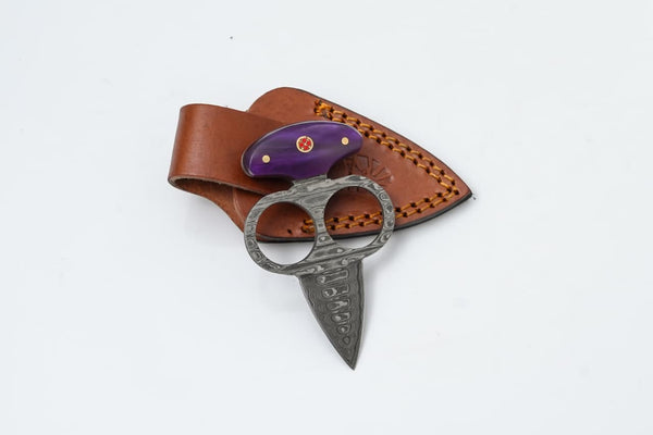 Damascus Push Dagger with Purple Resin Handle & Leather Sheath