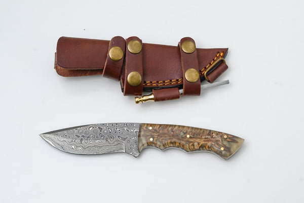 Handmade Damascus Hunting Knife with Resin & Bone Handle