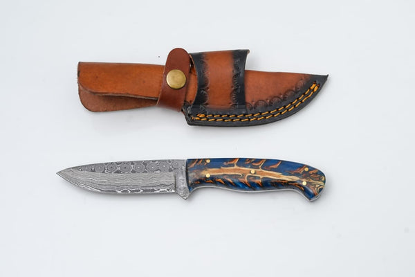 Handmade Damascus Steel Knife with Blue Pine Cone Handle & Leather Sheath