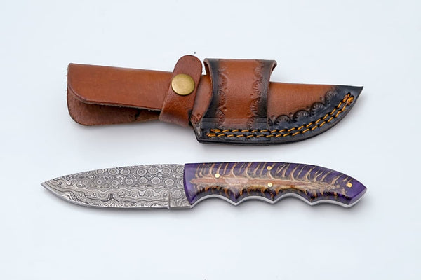 Handmade Damascus Steel Knife with Purple Pine Cone Handle & Leather Sheath