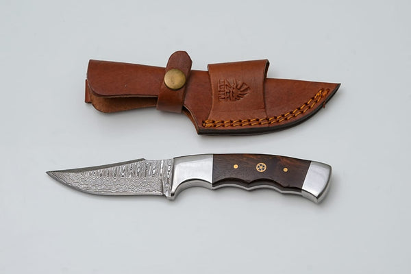 Handmade Damascus Steel Knife with Wenge Wood Handle & Leather Sheath