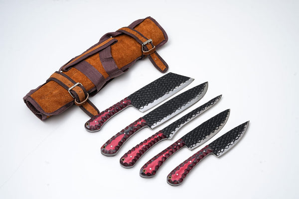 5-Piece Hand-Forged Kitchen Knife Set - Dragon Scale Carbon Steel - Red Diamond Wood Handles & Leather roll