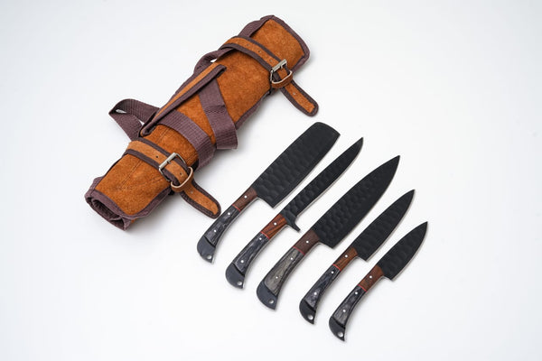 Hand-Forged 5-Piece Kitchen Knife Set | Hammered Black Carbon Steel | Pakkawood & Black WalnutHandles