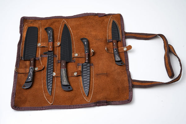 Hand-Forged 5-Piece Kitchen Knife Set | Hammered Black Carbon Steel | Pakkawood & Black WalnutHandles