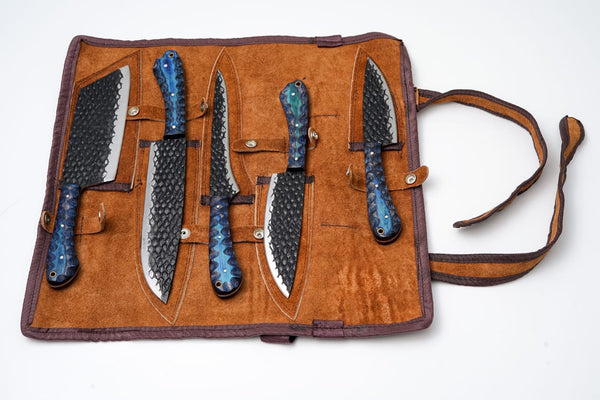 5-Piece Hand-Forged Kitchen Knife Set - Dragon Scale Carbon Steel - Blue Diamond wood Handles & Leather roll