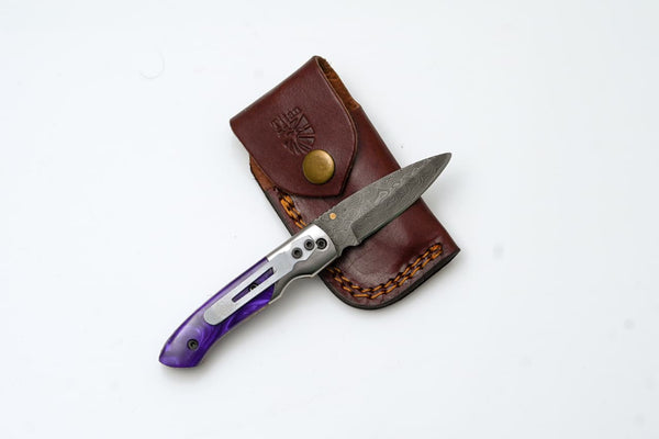 Handmade Damascus AmethystEdge Folding Pocket Knife with Purple Resin Handle & Leather Sheath | EDC Camping & Hunting Knife