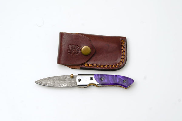 Handmade Damascus AmethystEdge Folding Pocket Knife with Purple Resin Handle & Leather Sheath | EDC Camping & Hunting Knife