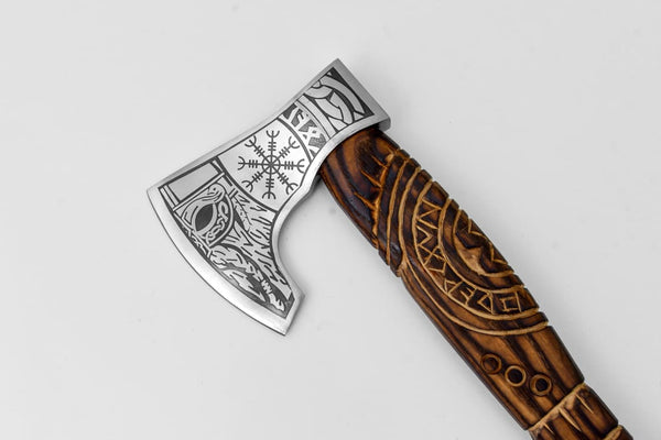 Handcrafted Viking Axe "Fenrir's Mark" — Engraved Carbon Steel Hatchet with Runic Carved Handle & Leather Sheath