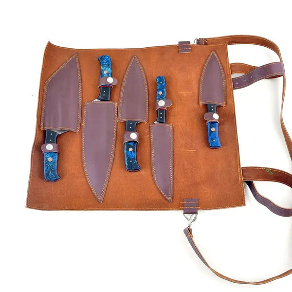 Titan’s Artisanal Mastery: Blue Galaxy Damascus Steel 5-Piece Kitchen Knife Set with Leather Roll - TK-451