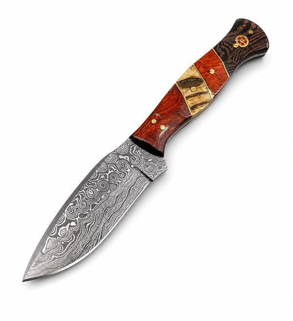 Hand-Forged Damascus Steel Drop Point Hunting Knife – Wenge, Camel Bone & Rosewood Handle with Hand-Tooled Leather Sheath TKT-10