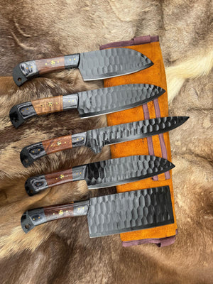 Titan "Ironwood Crest" 5-Piece High Carbon Steel Chef Knife Set | Hammered Dragon Scale Finish, Two-Tone Pakkawood Handles | Leather Roll Case CK-005