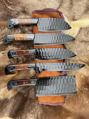 Titan "Ironwood Crest" 5-Piece High Carbon Steel Chef Knife Set | Hammered Dragon Scale Finish, Two-Tone Pakkawood Handles | Leather Roll Case CK-005