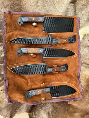 Titan "Ironwood Crest" 5-Piece High Carbon Steel Chef Knife Set | Hammered Dragon Scale Finish, Two-Tone Pakkawood Handles | Leather Roll Case CK-005