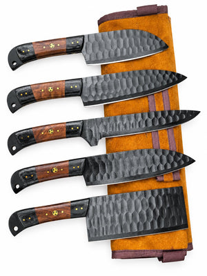 Titan "Ironwood Crest" 5-Piece High Carbon Steel Chef Knife Set | Hammered Dragon Scale Finish, Two-Tone Pakkawood Handles | Leather Roll Case CK-005