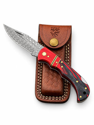 Crimson Ember Damascus Folding Knife with Leather Sheath TKT-22