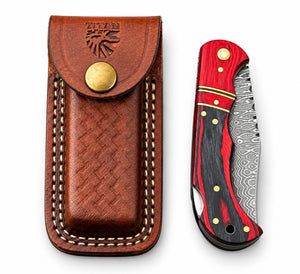 Crimson Ember Damascus Folding Knife with Leather Sheath TKT-22