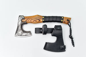 Small Bearded Axe | Hand-Forged Viking Axe with Wooden Handle & Leather Sheath | Camping, Bushcraft & Collectible Axe - AXE-C003