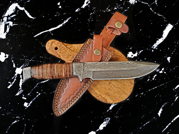 DAMASCUS STEEL, HANDMADE KNIFE, HUNTING KNIFE DROP POINT BLADE, STACKED LEATHER HANDLE MILITARY STYLE