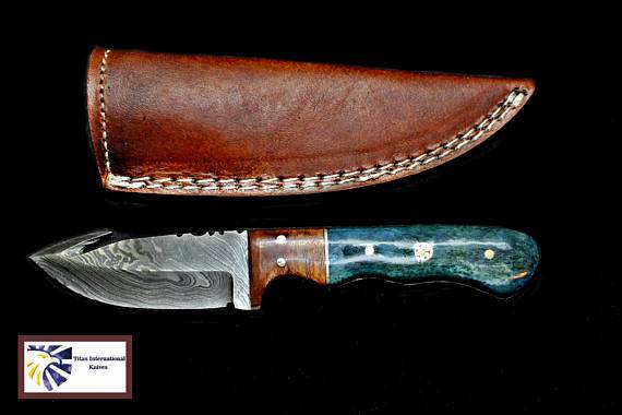 Damascus Skinning gut hook, Hunting Knife by Titan TD-176
