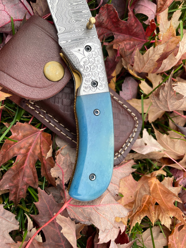 Damascus Steel Gut hook Folding Knife with Dyed Bone TK-39