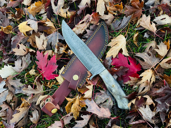 CUSTOM HANDMADE FORGED DAMASCUS STEEL Compact Bowie Dyed Bone Grip TK-047