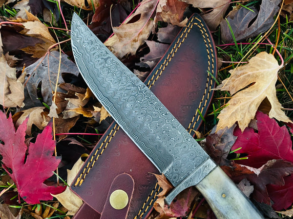 CUSTOM HANDMADE FORGED DAMASCUS STEEL Compact Bowie Dyed Bone Grip TK-047