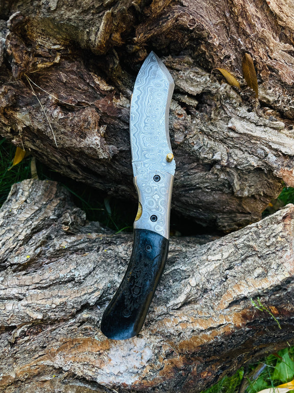 Damascus Steel Folding Knife Wolf Engraved TK-052