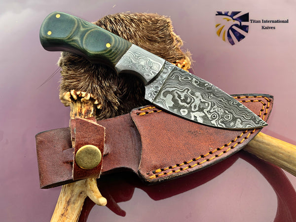 8.5" Inch Custom Handmade Forged Damascus Steel Hunting Bowie Knife Fixed Blade Green Micarta Handle With Leather Sheath Full Tang TD-227
