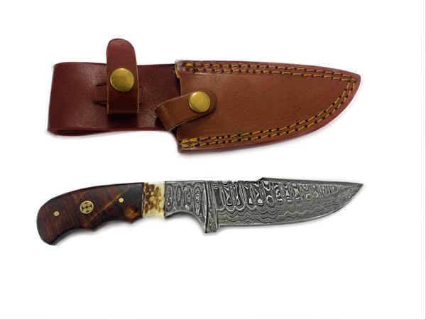 Damascus Steel Fixed Blade Knife with Walnut & Stag Horn Handle Hunting Knife TD-159