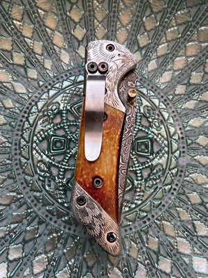 Titan American Eagle - Raindrop Damascus folding blade/ EDC/ Eagle engraved Steel Bolster TF-021X