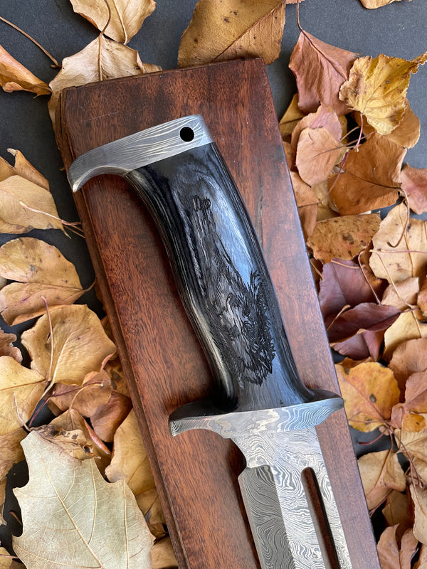 15"Inch Custom HandMade Forged Damascus Hunting Bowie Knife Fixed Blade Dyed Bone Handle W/Leather Sheath Full Tang Titan Western Bowie