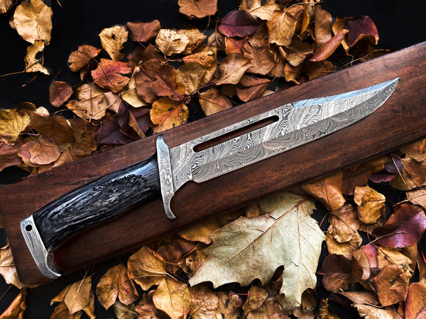 15"Inch Custom HandMade Forged Damascus Hunting Bowie Knife Fixed Blade Dyed Bone Handle W/Leather Sheath Full Tang Titan Western Bowie