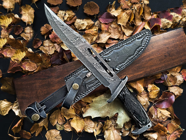 15"Inch Custom HandMade Forged Damascus Hunting Bowie Knife Fixed Blade Dyed Bone Handle W/Leather Sheath Full Tang Titan Western Bowie