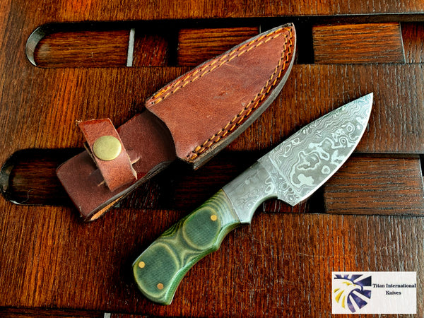 8.5" Inch Custom Handmade Forged Damascus Steel Hunting Bowie Knife Fixed Blade Green Micarta Handle With Leather Sheath Full Tang TD-227