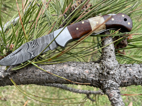 POCKET KNIFE WALNUT WOOD & STAG 6.5'' DAMASCUS STEEL KNIFE STEEL BOLSTER BACK LOCK FOLDING KNIFE