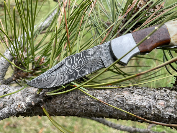 POCKET KNIFE WALNUT WOOD & STAG 6.5'' DAMASCUS STEEL KNIFE STEEL BOLSTER BACK LOCK FOLDING KNIFE
