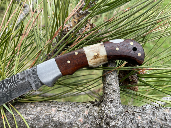POCKET KNIFE WALNUT WOOD & STAG 6.5'' DAMASCUS STEEL KNIFE STEEL BOLSTER BACK LOCK FOLDING KNIFE