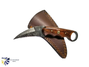 Damascus Flash Ring Skinner with Rose Wood Scales - Curved Fixed Blade Knife TD-199