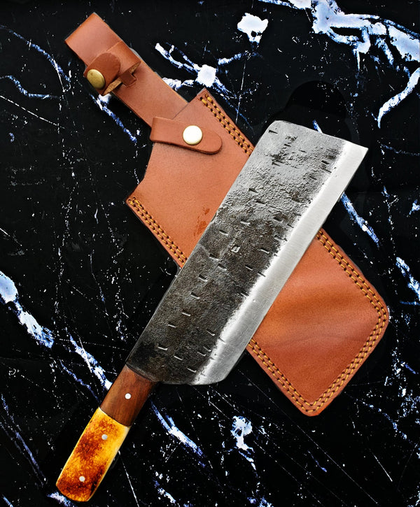 Heavy duty Carbon steel Cleaver / Meat chopper with Burnt Camel bone and walnut handle by Titan
