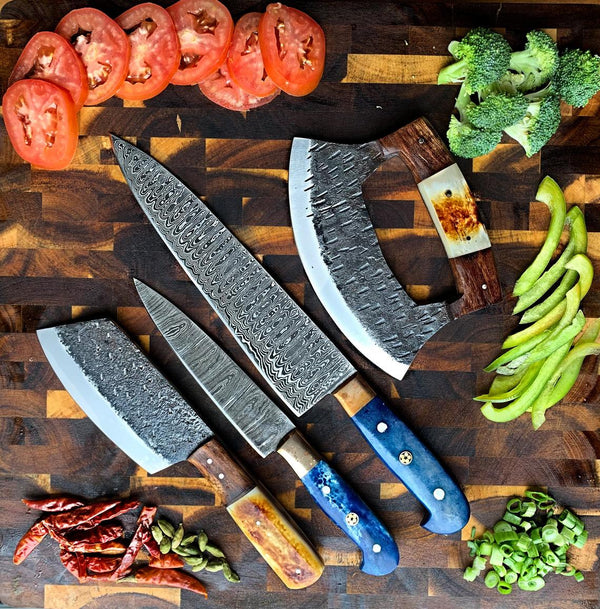 Damascus Kitchen Knife Set, Cheff Knife, Pairing Knife, Hand-forged Carbon Steel Ulu Knife and Cleaver