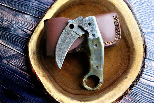 Handmade Damascus Folding Pocket knife Karambit Knife Hunting knife Handle Camel Bone Handmade Damascus Steel with leather Sheath A-111