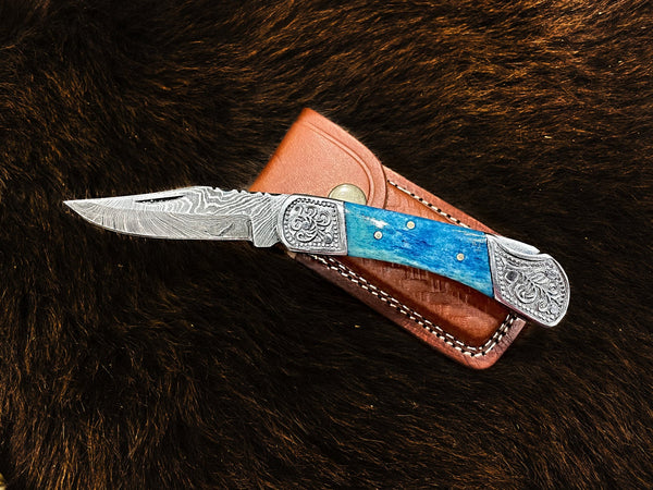 Pocket Knife Dyed Blue Bone 6.5'' Damascus Steel Knife Steel Bolster Back Lock Folding Knife