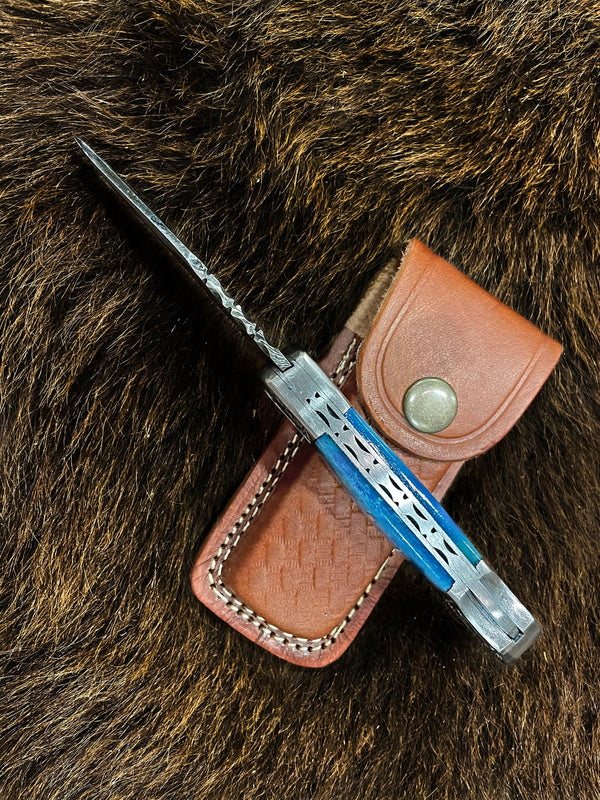 Pocket Knife Dyed Blue Bone 6.5'' Damascus Steel Knife Steel Bolster Back Lock Folding Knife