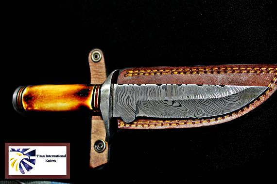 DAMASCUS KNIFE/ Titan/ Camp/ Hunting Knife / Burnt Bone Handel TD-206
